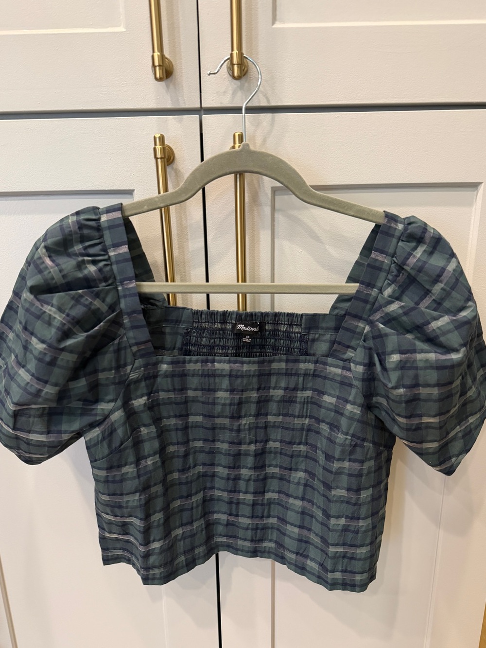 Madewell Blue-Green Plaid Puff Sleeve Cropped Top